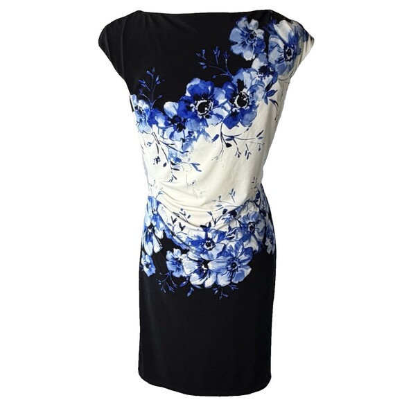 RALPH LAUREN Floral Matte Jersey Sheath Dress Ruched Side Sz 8 Travel Knit Lined - Picture 9 of 16